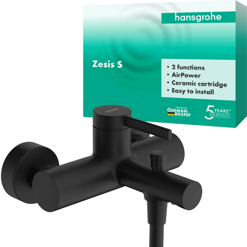 hansgrohe Zesis S - Bath tap Exposed for 2 Functions, Bath Mixer tap with spout Length 17.5 cm, Single Lever Bath Mixer, matt Black, 74420670