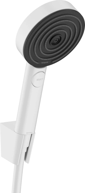 hansgrohe Pulsify Select S - Shower Set with Shower Head Water-Saving (EcoSmart, 3 Sprays incl. PowderRain), Shower Hose (1,25 m) and Shower Head Holder, matt White, 24306700