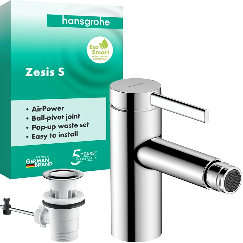 hansgrohe Zesis S - Bidet tap with pop-up Waste Set, Single Lever Bidet Mixer Water-Saving (EcoSmart) with spout Height 83 mm, Chrome, 74200000