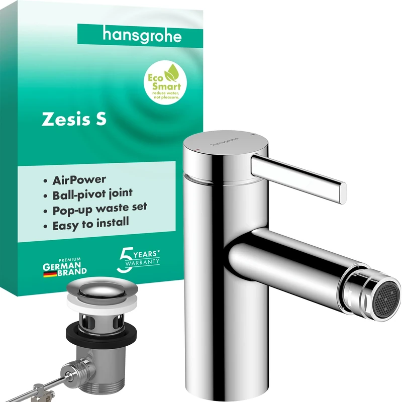 hansgrohe Zesis S - Bidet tap with Metal pop-up Waste Set, Single Lever Bidet Mixer Water-Saving (EcoSmart) with spout Height 83 mm, Chrome, 74201000