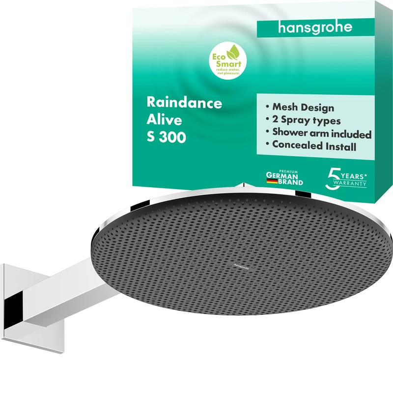 hansgrohe Raindance Alive S - Water-Saving Head Shower (EcoSmart) with Shower arm, Shower Head Round (300 mm), Rainfall Shower Head 2 Sprays for Wall mounting, Anti-limescale, Chrome, 24541000