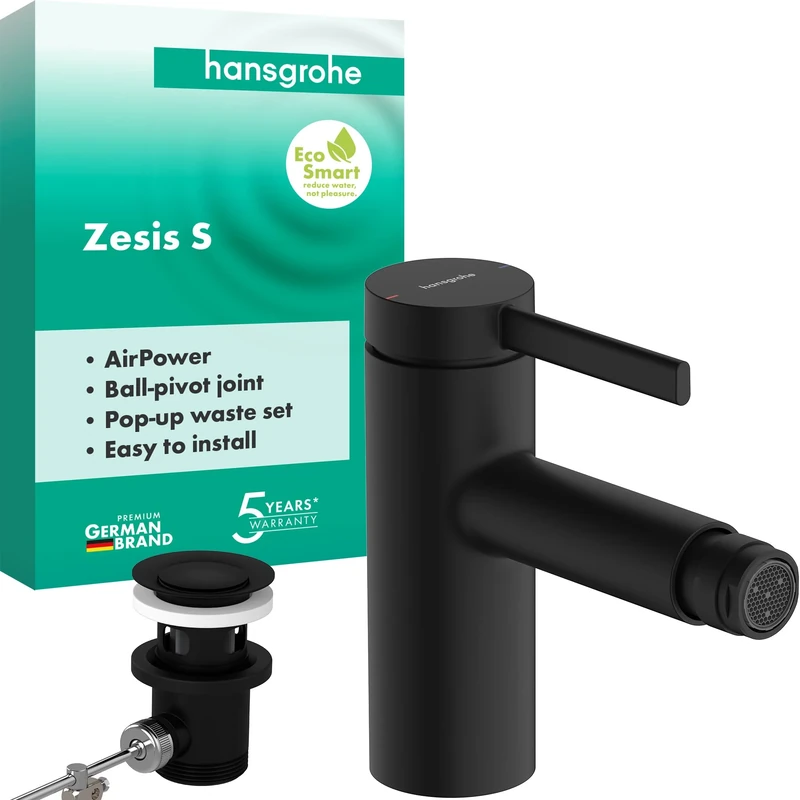 hansgrohe Zesis S - Bidet tap with Metal pop-up Waste Set, Single Lever Bidet Mixer Water-Saving (EcoSmart) with spout Height 83 mm, matt Black, 74201670
