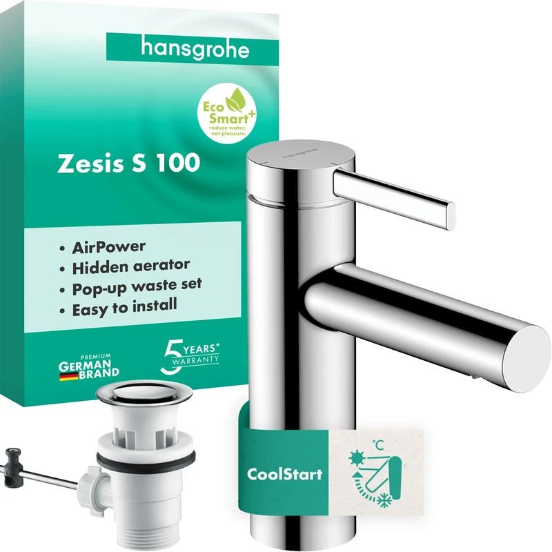 hansgrohe Zesis S - Bathroom tap with pop-up Waste Set, Energy-Saving (CoolStart), Bathroom Sink tap with spout Height 104 mm, Basin Mixer tap Water-Saving (EcoSmart+), Chrome, 74720000