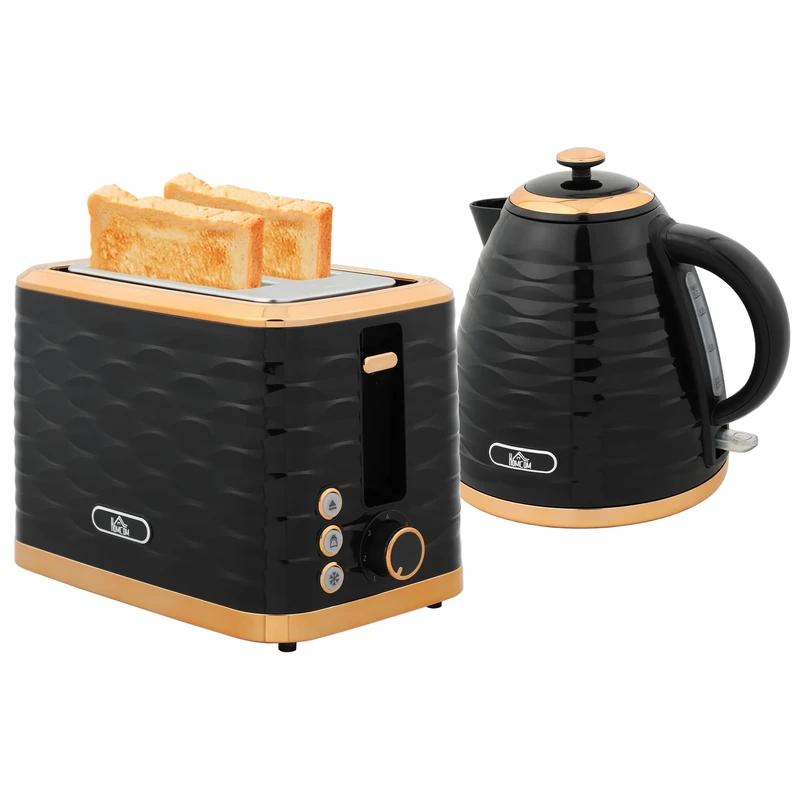 HOMCOM Kettle and Toaster Sets, 3000W 1.7L Rapid Boil Kettle & 2 Slice Toaster with 7 Browning Controls, Defrost, Reheat and Crumb Tray, UK Otter Thermostat, Black