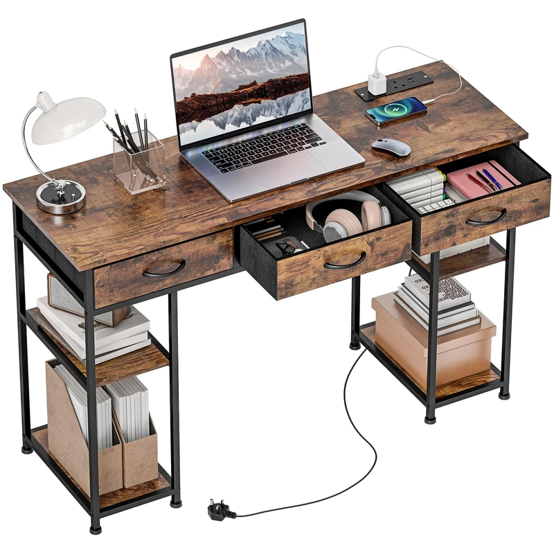 HOMCOM Computer Desk with Power Outlets, 120cm Home Office Desk with 3 Fabric Drawers and 4 Storage Shelves, Study Table Workstation for Bedroom, Rustic Brown
