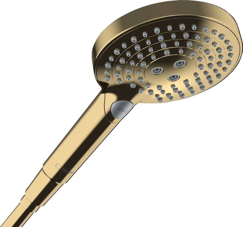 hansgrohe Raindance Select S - Water-Saving Shower Head 8 l/min (EcoSmart), Hand Shower Round (120 mm) with 3 Sprays (incl. PowderRain), with Anti-limescale Function, Polished Gold Optic, 26515990