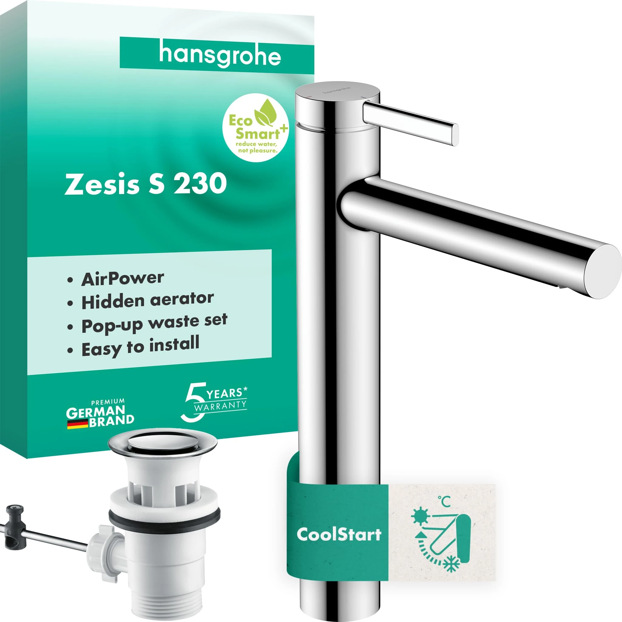 hansgrohe Zesis S - Bathroom tap with pop-up Waste Set, Energy-Saving (CoolStart), Bathroom Sink tap with spout Height 230 mm, Basin Mixer tap Water-Saving (EcoSmart+), Chrome, 74730000