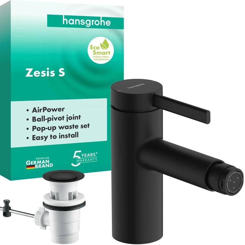 hansgrohe Zesis S - Bidet tap with pop-up Waste Set, Single Lever Bidet Mixer Water-Saving (EcoSmart) with spout Height 83 mm, matt Black, 74200670