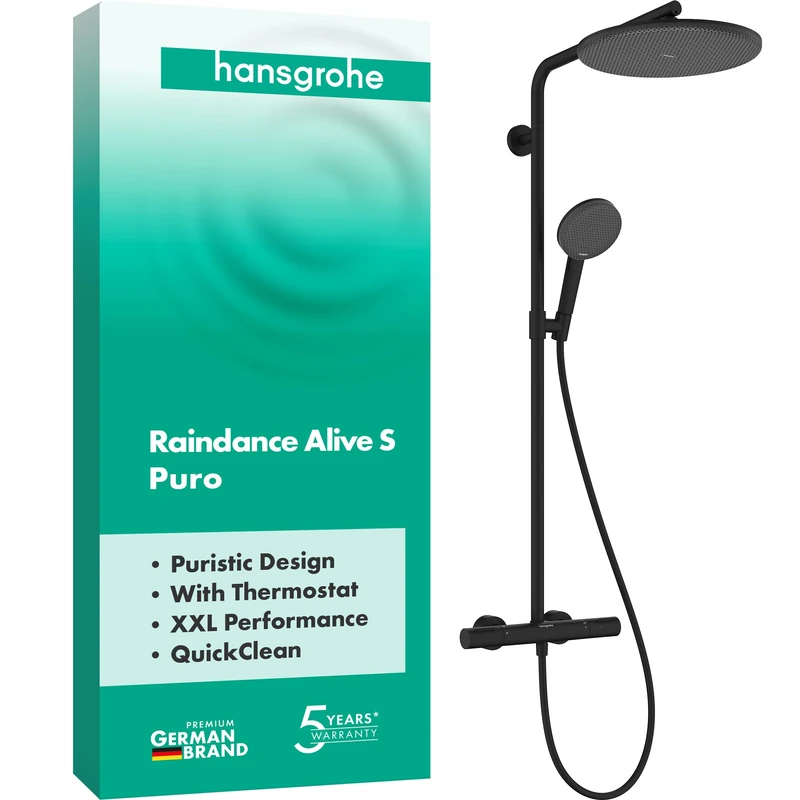 hansgrohe 24592670 Raindance Alive S Puro Showerpipe 300 1jet with Ecostat Element Shower System, Matt Black