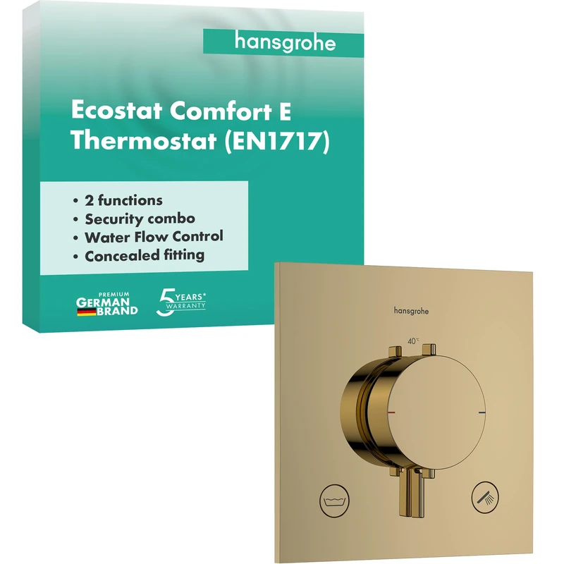 hansgrohe Ecostat Comfort E - Thermostat Concealed with Security Combination, Thermostatic Mixer with Safety Stop at 40 °C, Thermostat Square, Mixer tap for 2 Functions, Polished Gold Optic, 33716990