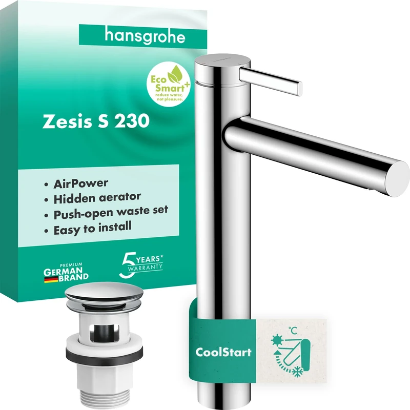 hansgrohe Zesis S - Bathroom tap with Push-Open Waste Set, Energy-Saving (CoolStart), Bathroom Sink tap with spout Height 230 mm, Basin Mixer tap Water-Saving (EcoSmart+), Chrome, 74732000