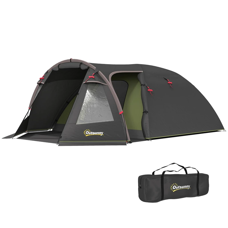 Outsunny Family Camping Tent for 2-4 Persons, Waterproof 3000mm Tunnel Tent with 3 Doors, Windows, Carry Bag, for Camping Travel Hiking Garden, Black