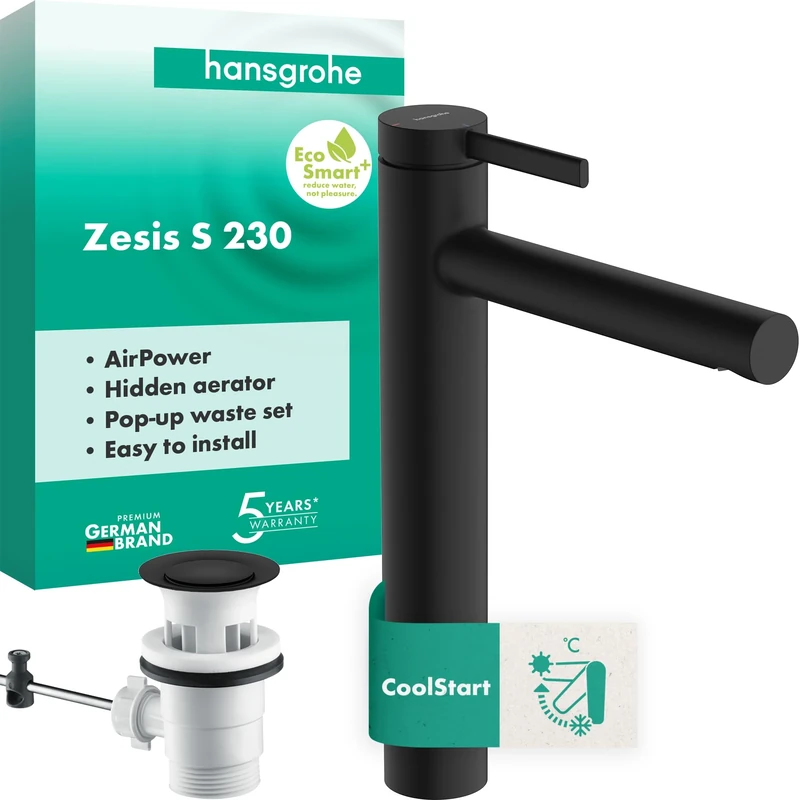 hansgrohe Zesis S - Bathroom tap with pop-up Waste Set, Energy-Saving (CoolStart), Bathroom Sink tap with spout Height 230 mm, Basin Mixer tap Water-Saving (EcoSmart+), matt Black, 74730670