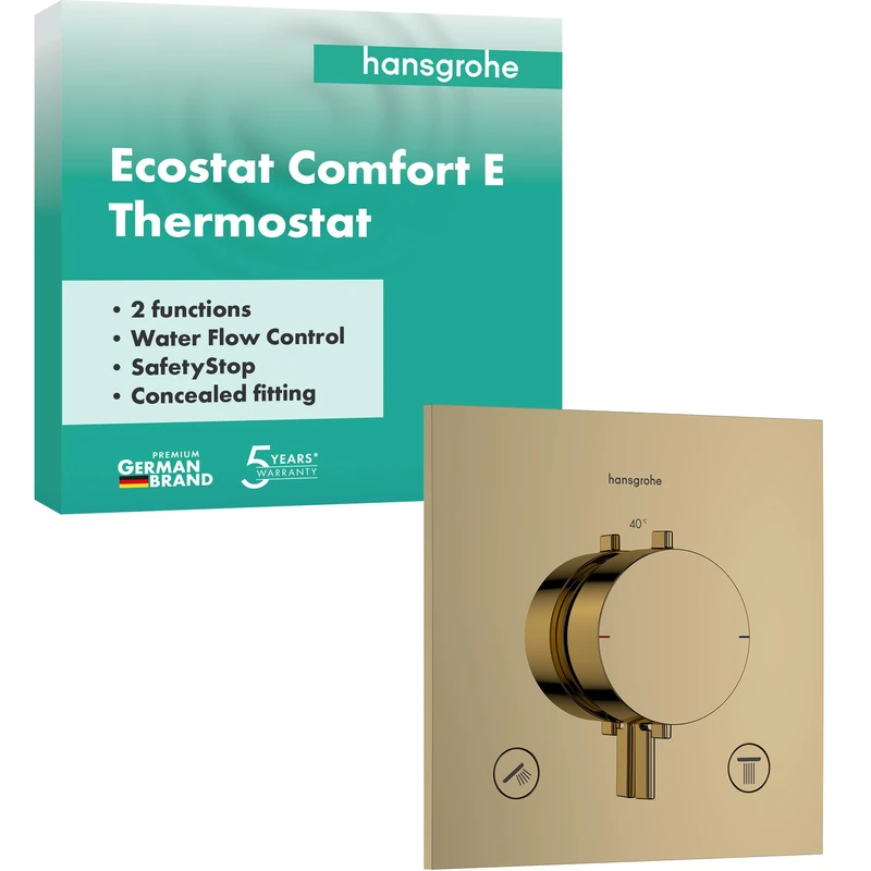 hansgrohe 33711990 Ecostat Comfort E Thermostat for Concealed Installation for 2 Functions, Polished Gold Optic