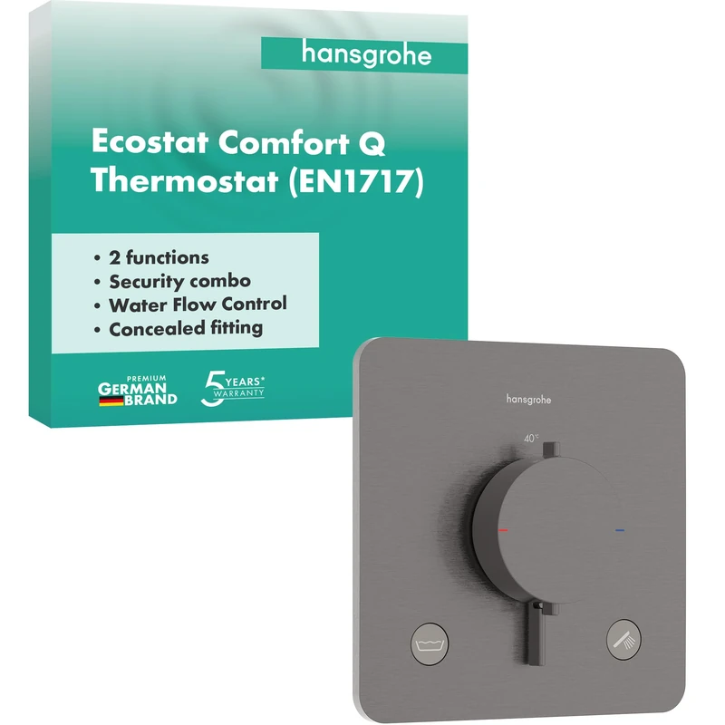 hansgrohe Ecostat Comfort Q - Thermostat Concealed with Security Combination, Thermostatic Mixer with Safety Stop at 40 °C, Thermostat, Mixer tap for 2 Functions, Brushed Black Chrome, 33717340
