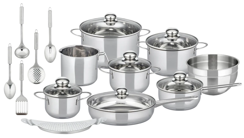 ELO Prima Tavola 20-Piece Saucepan Set, Stainless Steel, Highly Polished, Pouring Rim, Energy-Saving Capsule Base, Silver