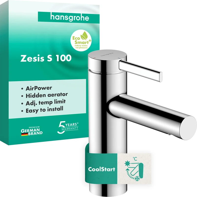 hansgrohe Zesis S - Bathroom tap Without Waste, Energy-Saving (CoolStart), Bathroom Sink tap with spout Height 104 mm, Basin Mixer tap Water-Saving (EcoSmart+), Chrome, 74721000