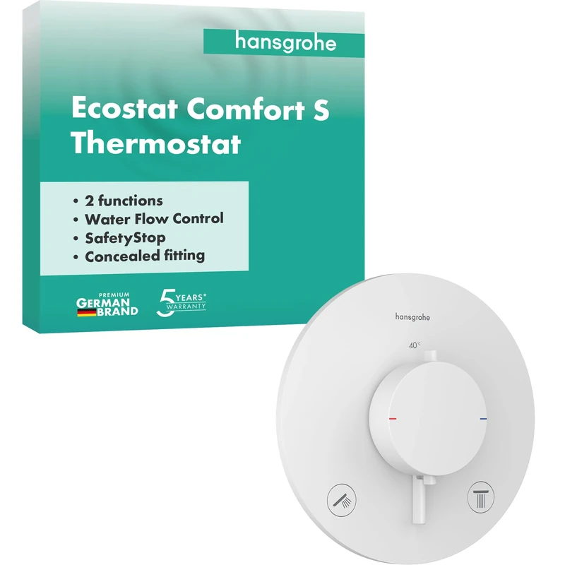 hansgrohe Ecostat Comfort S - Thermostat Concealed, Thermostatic Mixer with Safety Stop at 40 °C, Thermostat Round, Mixer tap for 2 Functions, matt White, 33715700