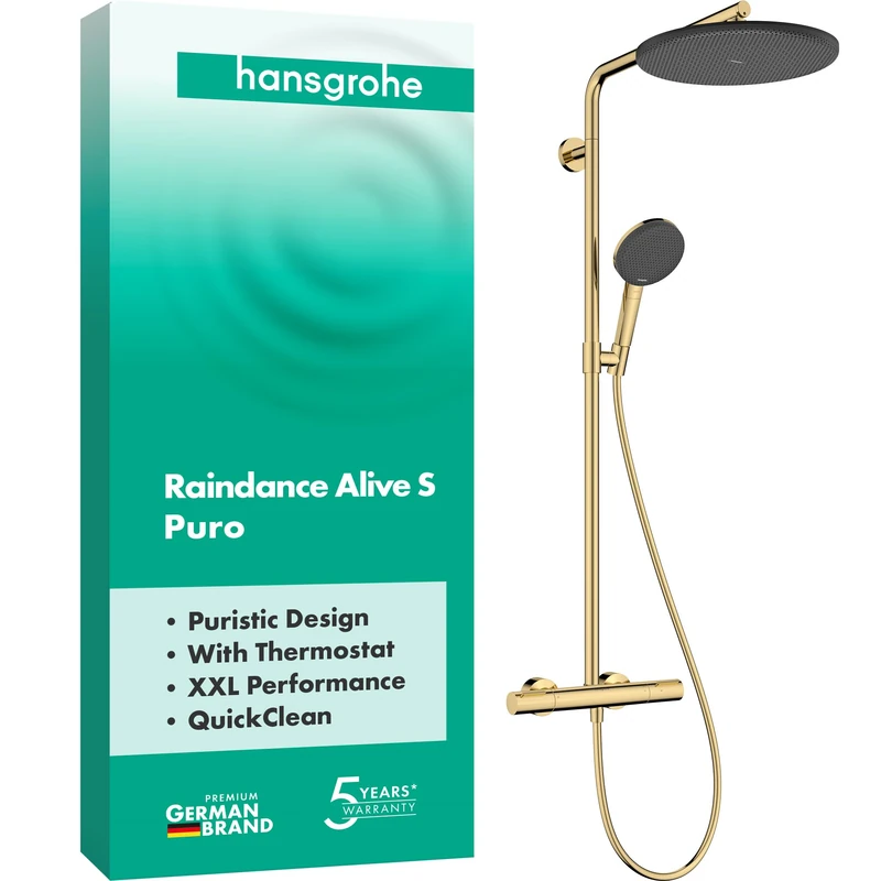 hansgrohe 24592990 Raindance Alive S Puro Showerpipe 300 1jet with Ecostat Element Shower System, Polished Gold Optic