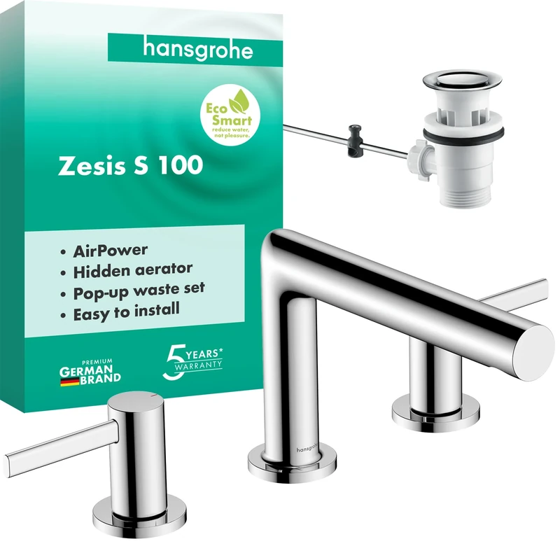 hansgrohe 74733000 Zesis S 3-Hole Basin Mixer 100 with pop-up Waste Set, Chrome