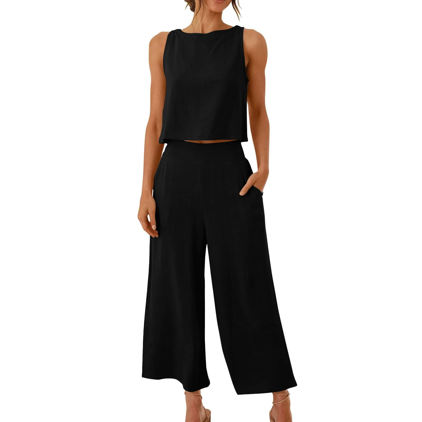 2 Piece Outfits Women Cotton Linen Sleeveless Crop Tops Wide Leg Trousers Co Ord Sets Summer Loungewear Airport Outfit Linen Sets for Women Solid Casual Loose Tracksuit with Pockets