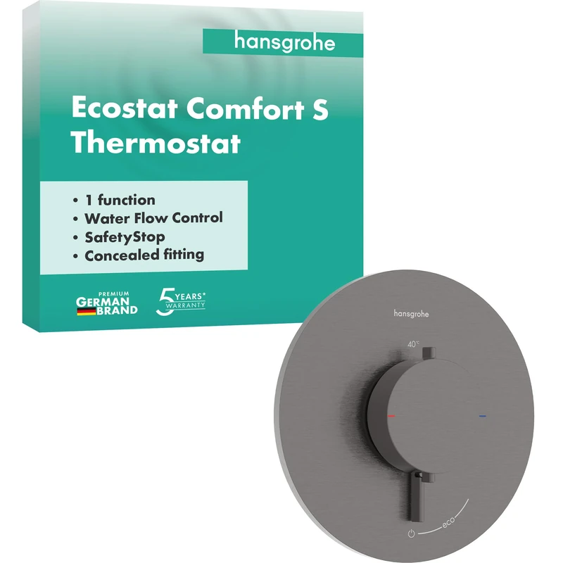 hansgrohe Ecostat Comfort S - Thermostat Concealed, Thermostatic Mixer with Safety Stop at 40 °C, Thermostat Round, Mixer tap for 1 Function, Brushed Black Chrome, 33714340