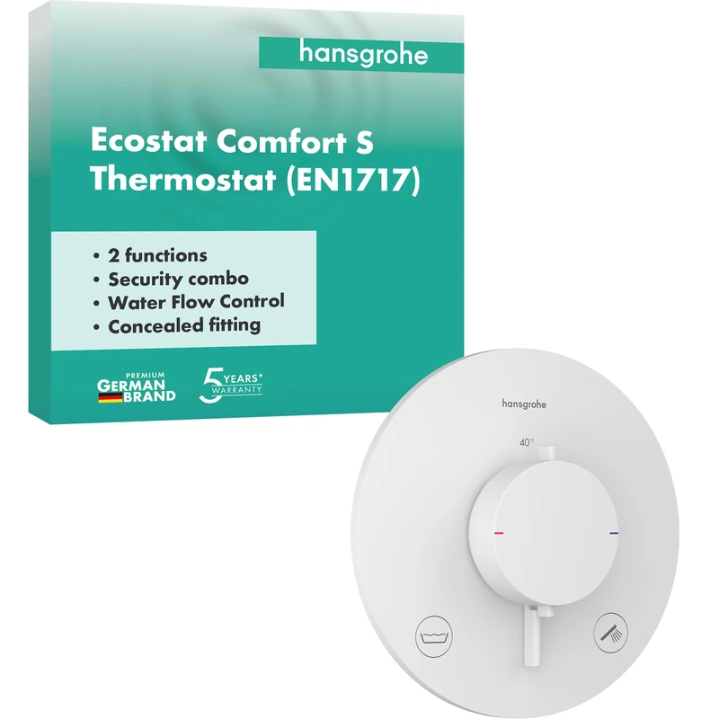 hansgrohe Ecostat Comfort S - Thermostat Concealed with Security Combination, Thermostatic Mixer with Safety Stop at 40 °C, Thermostat Round, Mixer tap for 2 Functions, matt White, 33718700