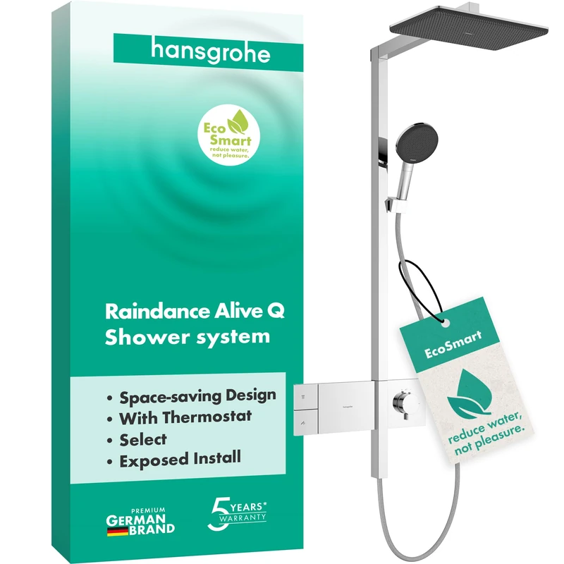 hansgrohe 24581000 Raindance Alive Q Showerpipe 210/340 1jet EcoSmart with ShowerSelect Comfort, Chrome