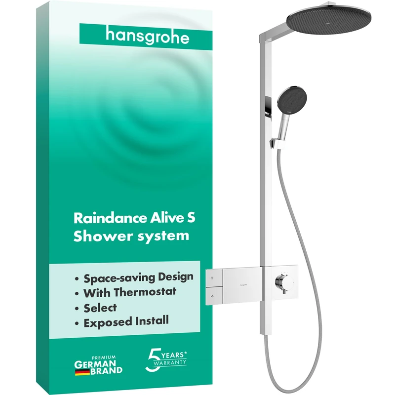 hansgrohe Raindance Alive S - Shower System with Thermostat, Hand Shower (3 Sprays incl. PowderRain), Hose, Rail and Overhead Rainfall (300 mm), Chrome, 24582000