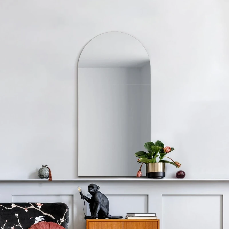 MirrorOutlet The Arcus - Frameless Modern Arched Wall Mirror 32" X 16" (80CM X 40CM Silver Mirror Glass with Black wooden Backing - Polished Edging