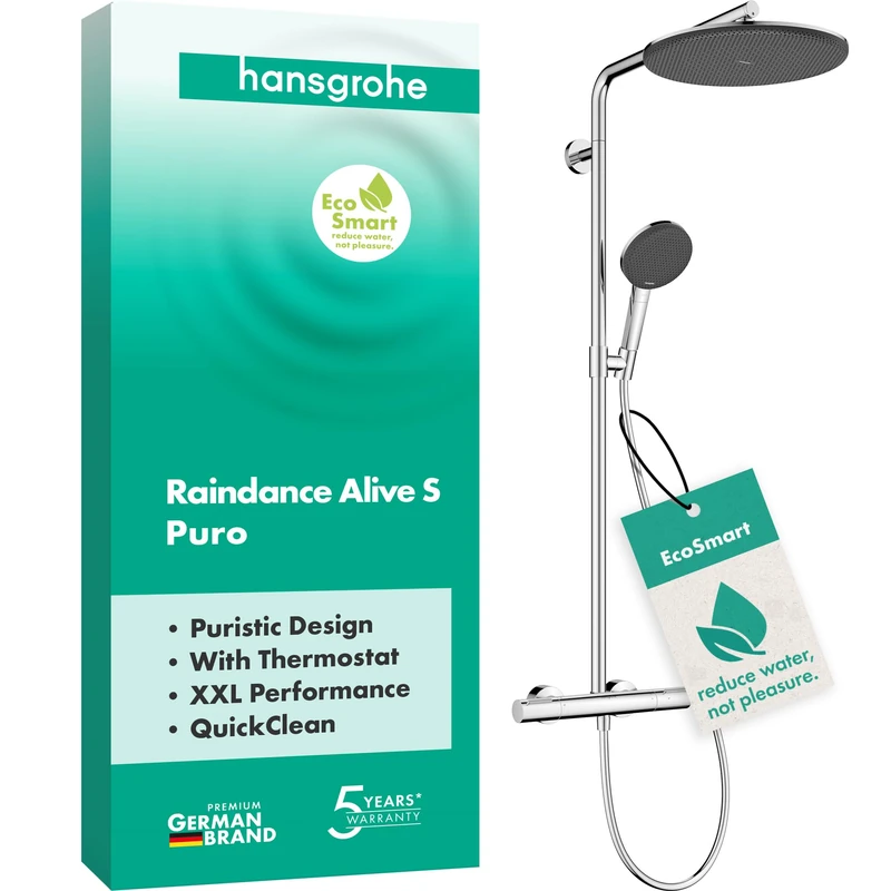 hansgrohe 24593000 Raindance Alive S Puro Showerpipe 300 1jet EcoSmart with Ecostat Element Shower System, Chrome