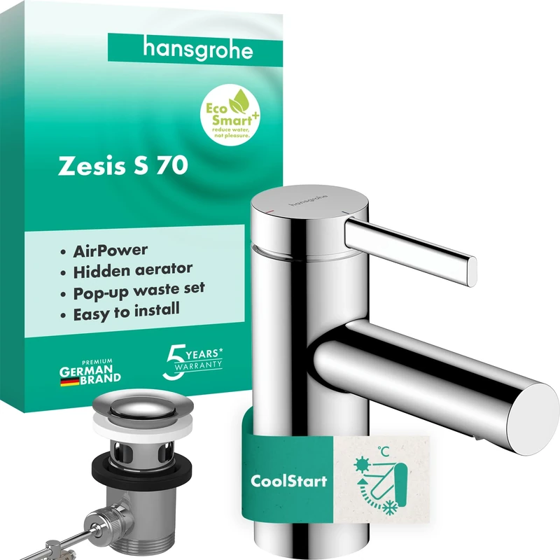 hansgrohe Zesis S - Bathroom tap with Metal pop-up Waste Set, Energy-Saving (CoolStart), Bathroom Sink tap with spout Height 74 mm, Basin Mixer tap Water-Saving (EcoSmart+), Chrome, 74714000