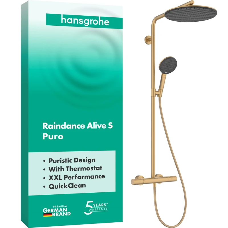 hansgrohe 24592140 Raindance Alive S Puro Showerpipe 300 1jet with Ecostat Element Shower System, Brushed Bronze