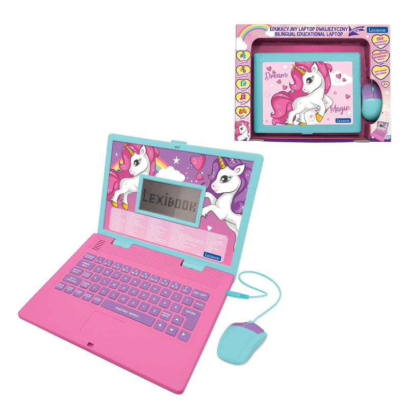 LEXIBOOK, Unicorn, Bilingual ENGLISH/POLISH Educational computer, Toy for children with 124 language, writing, maths, logic, music activities and games, Pink, JC598UNIi17