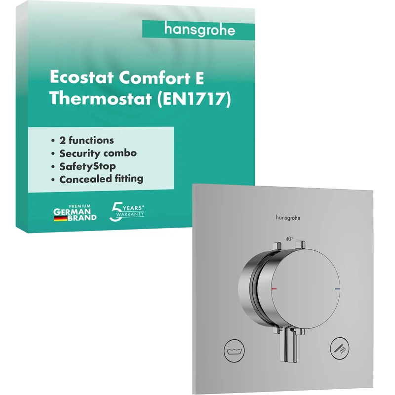 hansgrohe 33716000 Ecostat Comfort E Thermostat for Concealed Installation for 2 Functions with Integrated Security Combination According to EN1717, Chrome, 2 Verbraucher mit Sicherungskombination