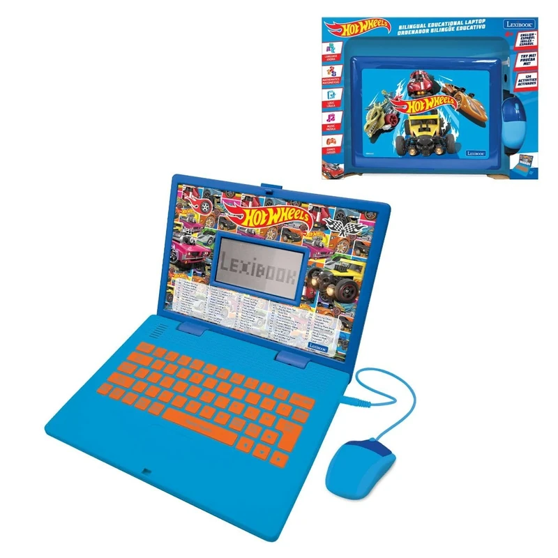LEXIBOOK, Hot Wheels Biligual Educational Laptop English Spanish, 164 Bilingual Activities, 3 Animated Stories, Syllabic Learning, Exciting Games, JC598HWi2