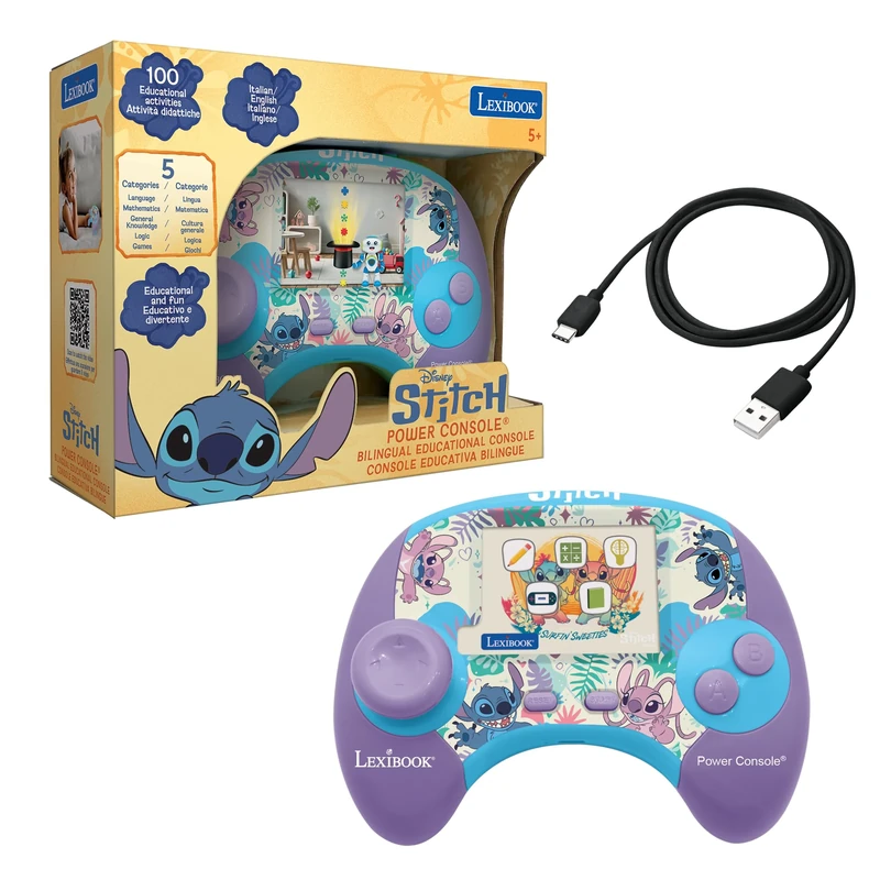 Lexibook, Disney Stitch, Power Console®, Educational bilingual game console with 100 activities, ENGLISH/ITALIAN, JCG100Di5