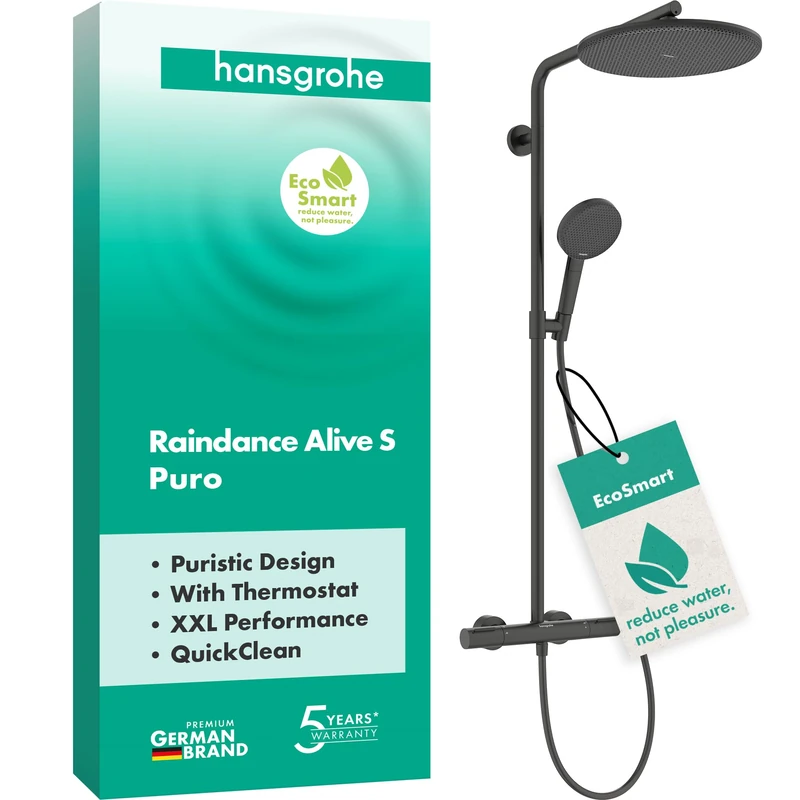 hansgrohe 24593340 Raindance Alive S Puro Showerpipe 300 1jet EcoSmart with Ecostat Element Shower System, Brushed Black Chrome