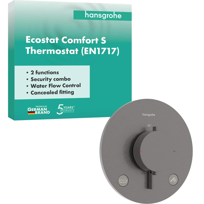 hansgrohe Ecostat Comfort S - Thermostat Concealed with Security Combination, Thermostatic Mixer with Safety Stop at 40 °C, Thermostat Round, Mixer tap for 2 Functions, Brushed Black Chrome, 33718340