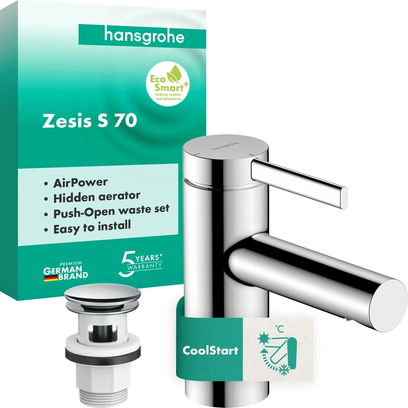hansgrohe Zesis S - Bathroom tap with Push-Open Waste Set, Energy-Saving (CoolStart), Bathroom Sink tap with spout Height 74 mm, Basin Mixer tap Water-Saving (EcoSmart+), Chrome, 74715000