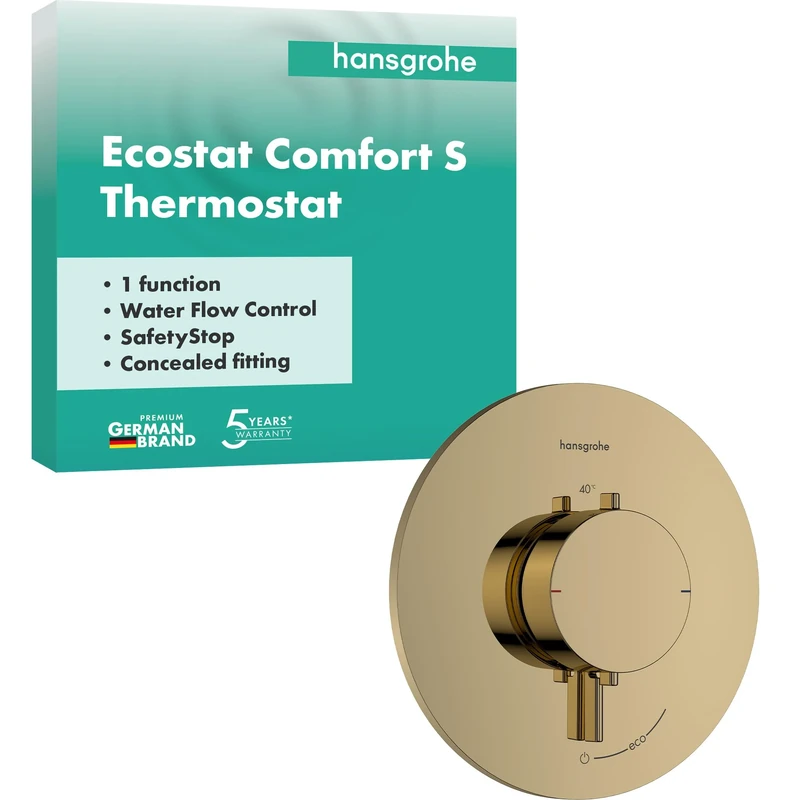 hansgrohe Ecostat Comfort S - Thermostat Concealed, Thermostatic Mixer with Safety Stop at 40 °C, Thermostat Round, Mixer tap for 1 Function, Polished Gold Optic, 33714990