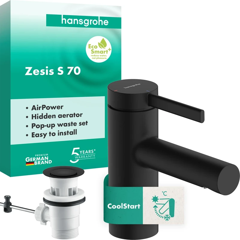hansgrohe Zesis S - Bathroom tap with pop-up Waste Set, Energy-Saving (CoolStart), Bathroom Sink tap with spout Height 74 mm, Basin Mixer tap Water-Saving (EcoSmart+), matt Black, 74710670