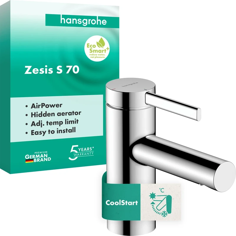 hansgrohe Zesis S - Bathroom tap Without Waste, Energy-Saving (CoolStart), Bathroom Sink tap with spout Height 74 mm, Basin Mixer tap Water-Saving (EcoSmart+), Chrome, 74711000