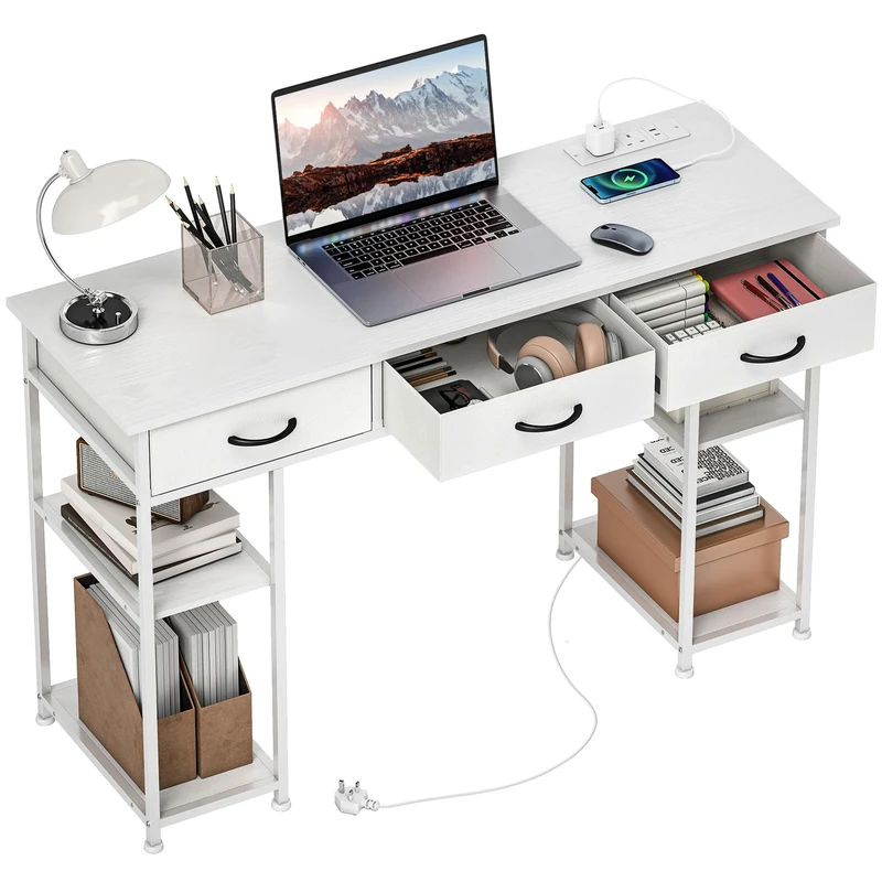HOMCOM Computer Desk with Power Outlets, 120cm Home Office Desk with 3 Fabric Drawers and 4 Storage Shelves, Study Table Workstation for Bedroom, White