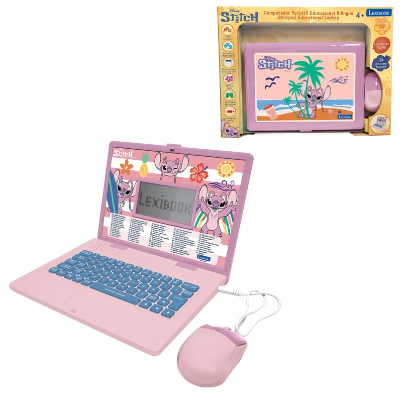 LEXIBOOK, Disney Stitch, Angel, Educational Laptop for Kids, 124 Activities, Bilingual English-Portuguese, Mathematics, Logic, Typing & Music, Realistic Keyboard and Mouse, Sleek Design, JC598D1i4