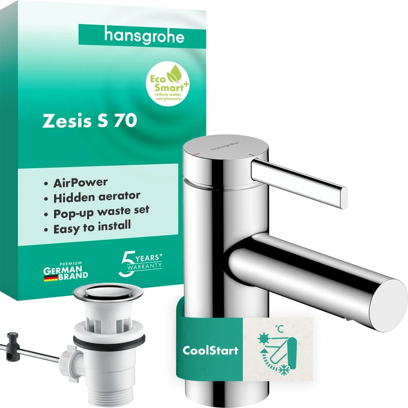 hansgrohe Zesis S - Bathroom tap with pop-up Waste Set, Energy-Saving (CoolStart), Bathroom Sink tap with spout Height 74 mm, Basin Mixer tap Water-Saving (EcoSmart+), Chrome, 74710000