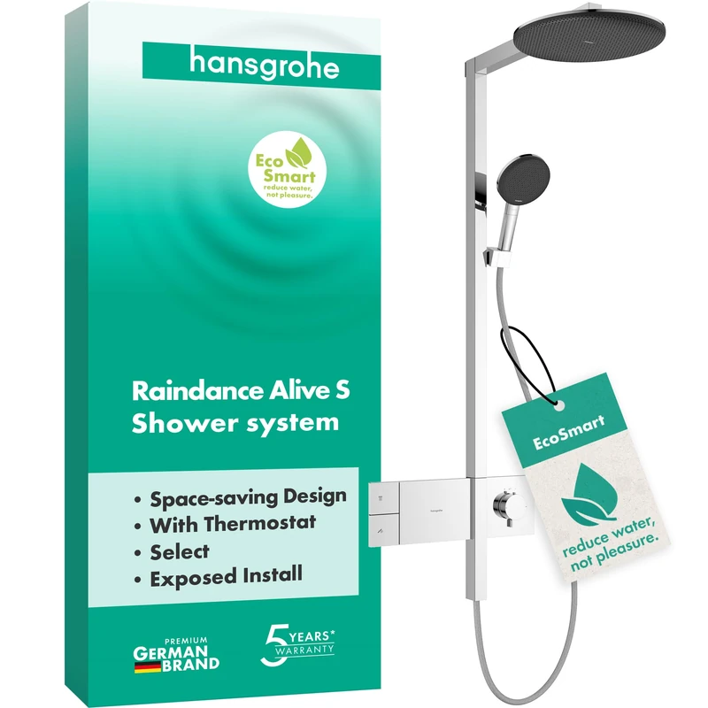 hansgrohe 24583000 Raindance Alive S Showerpipe 300 1jet EcoSmart with ShowerSelect Comfort, Chrome