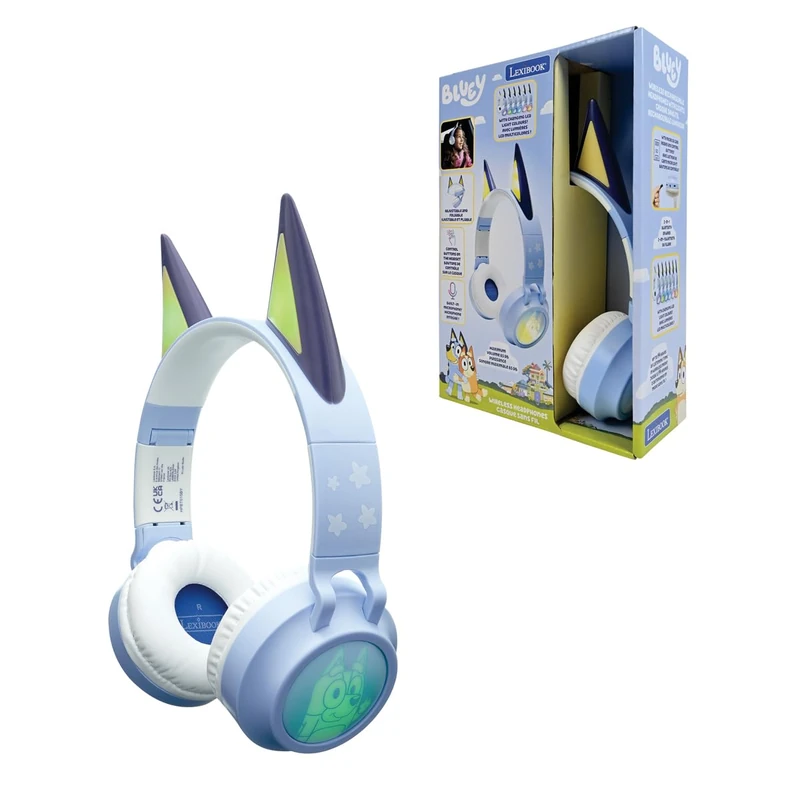LEXIBOOK, Foldable Bluetooth and Wired Light-Up Headphones with Bluey Universe 3D Design, Blue, HPBT015BY