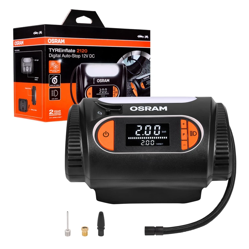 OSRAM TYREinflate 2120, large digital display, programmable auto-stop function, wind-up power cable with fused 12V DC plug, tyre inflation in 3.5 minutes