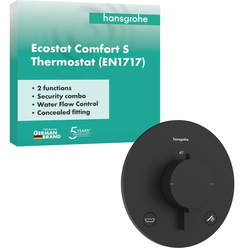 hansgrohe Ecostat Comfort S - Thermostat Concealed with Security Combination, Thermostatic Mixer with Safety Stop at 40 °C, Thermostat Round, Mixer tap for 2 Functions, matt Black, 33718670